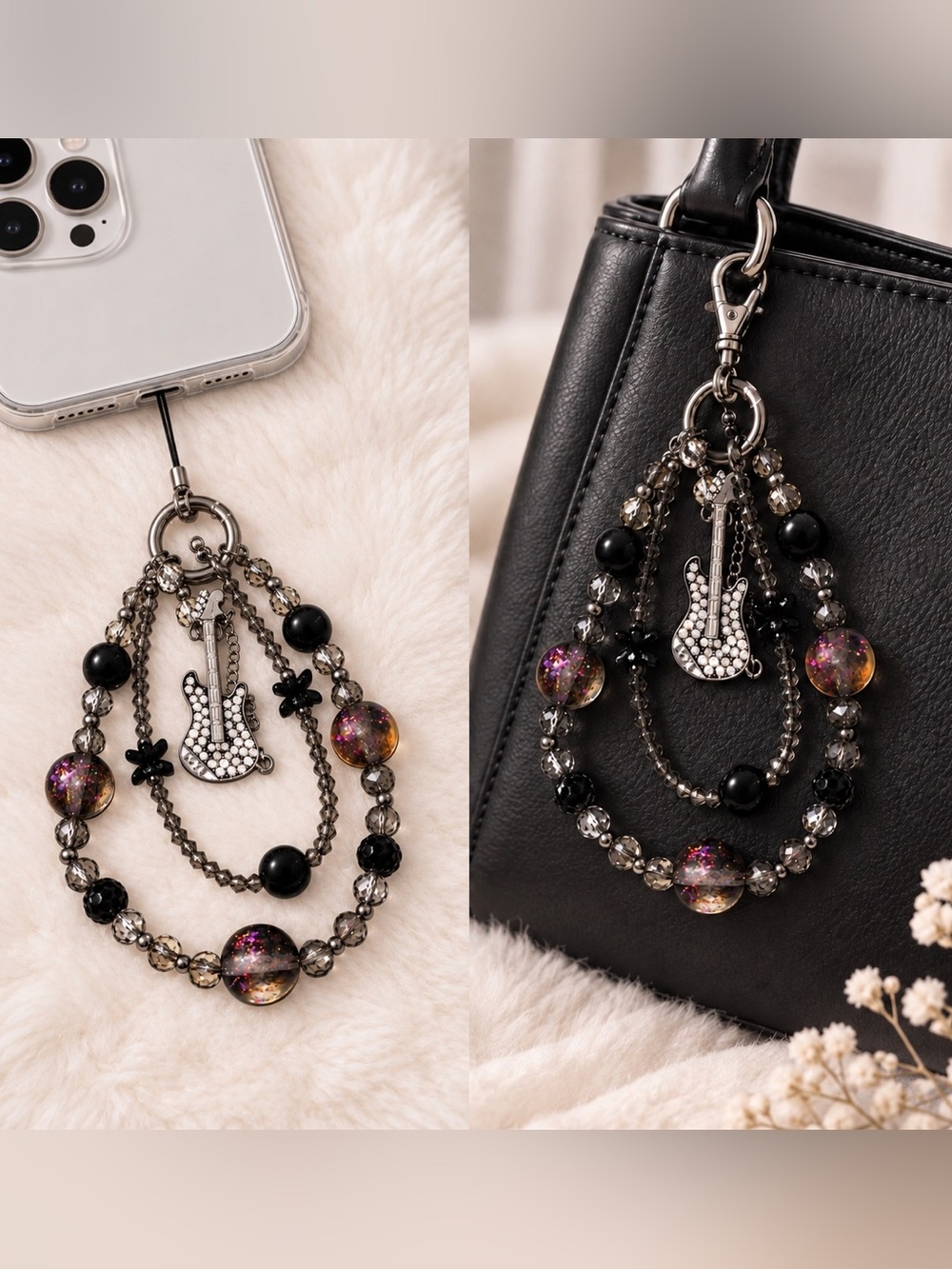 Rhinestone Guitar Multi-Strand Bag Charm Keychain Phone wristlet - Black
